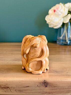 Hand Carved Wood Netsuke 3 Wise Monkeys Back to Back Figurine 3”